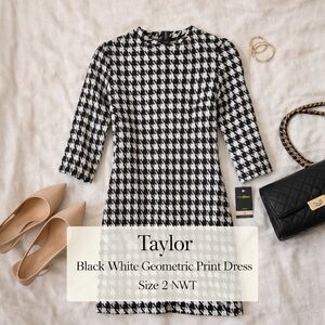 Taylor Black White Geometric Print Dress Size 2 NWT